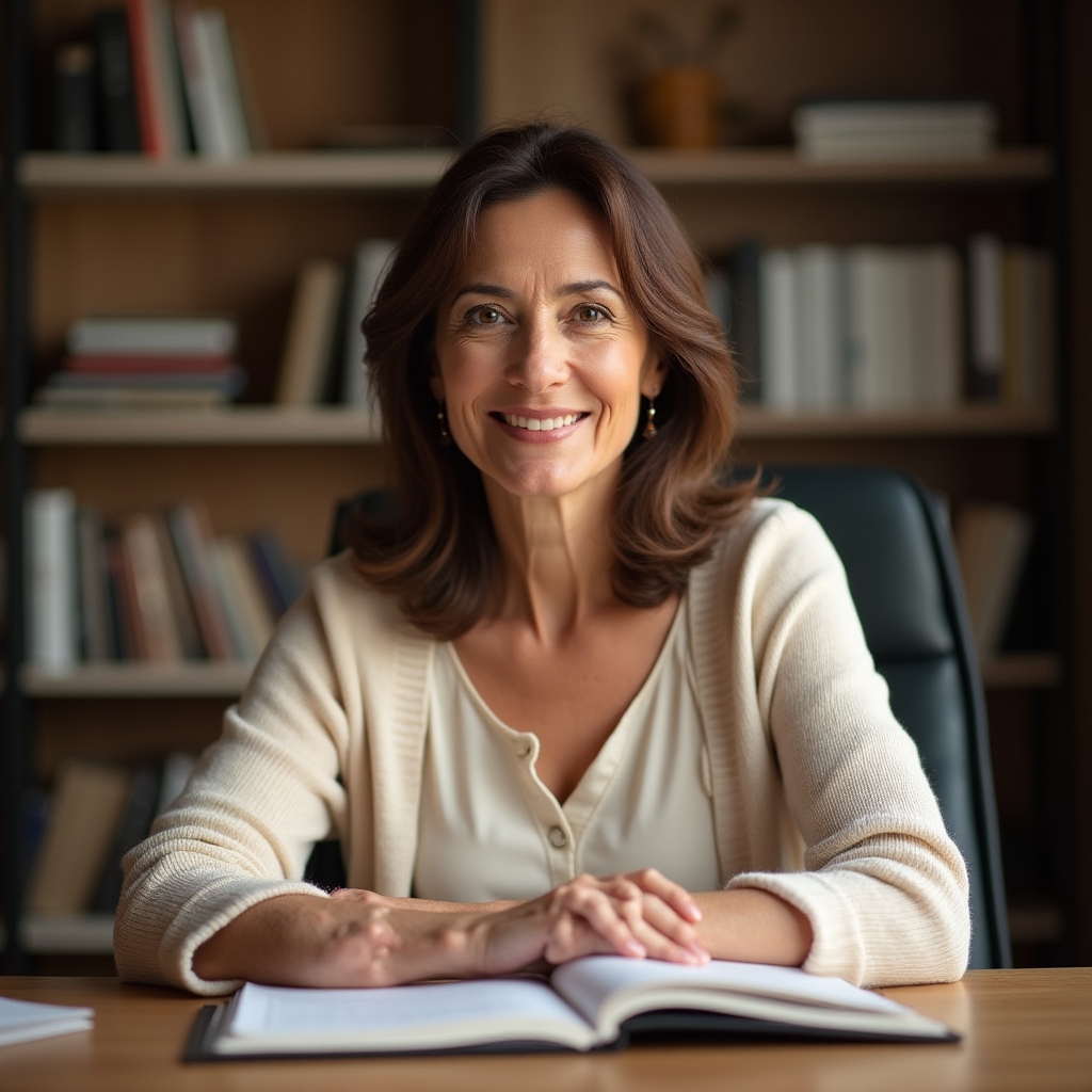A warm portrait of the course instructor sitting at a wooden desk with a notebook, smiling gently