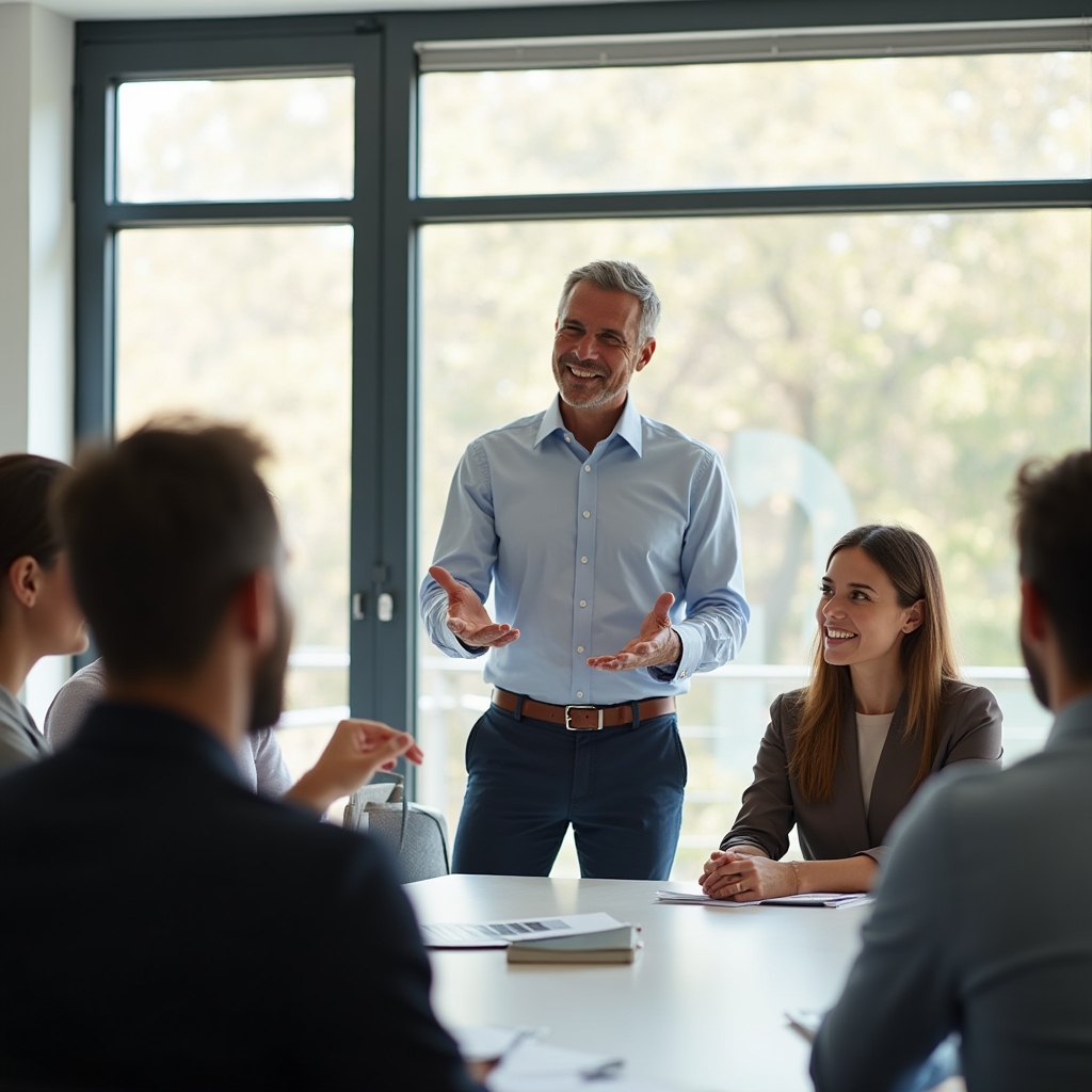 A team gathered around a table as a leader shares an update on changes made from earlier feedback