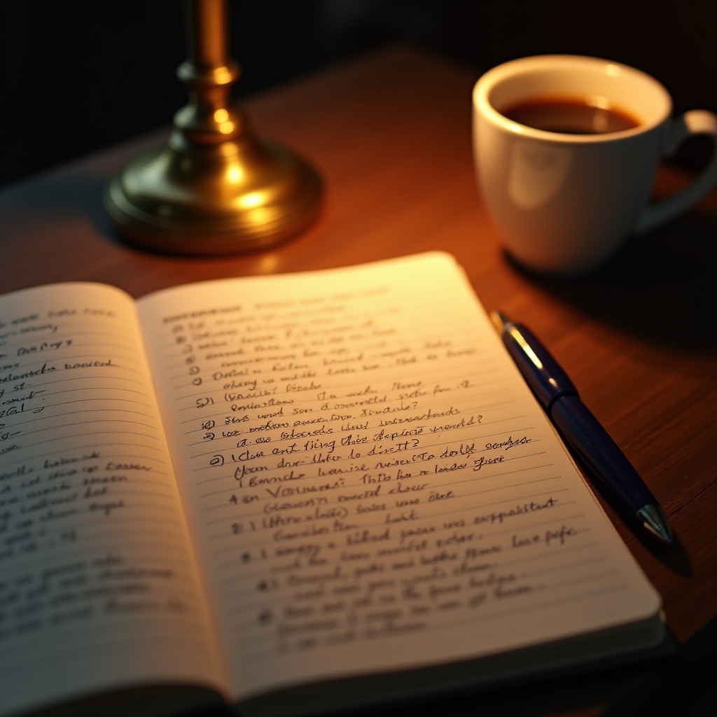 An open notebook with handwritten interview questions next to a warm desk lamp