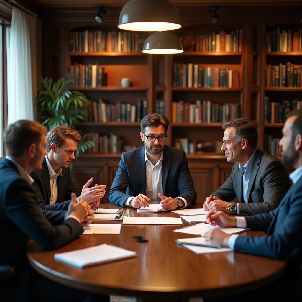 A small group of directors sitting around a table discussing notes during a course workshop session